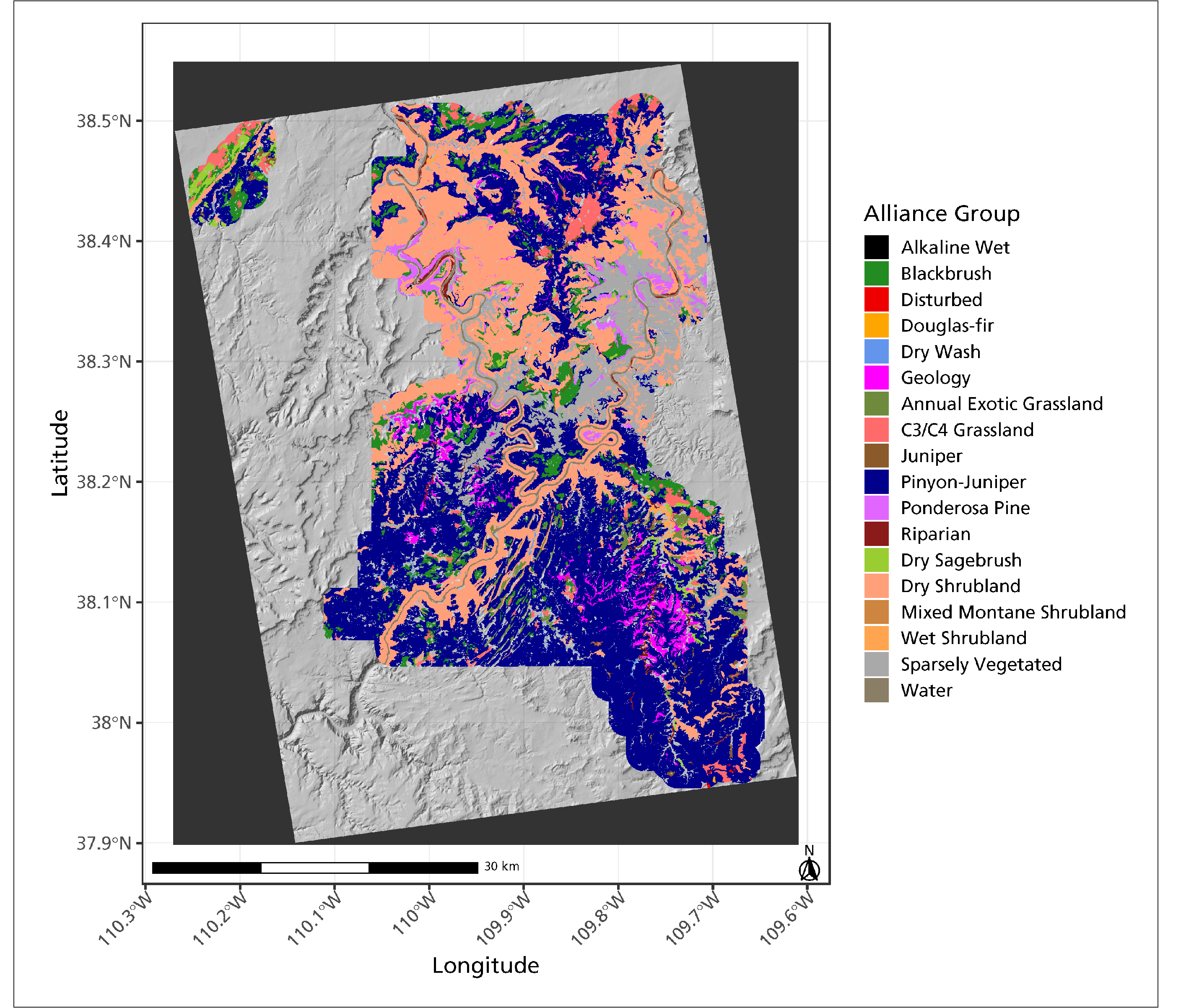Map of Canyonlands NP, shaded with different colors indicating location of vegetation alliance groups Map of Canyonlands NP, shaded with different colors indicating location of vegetation alliance groups