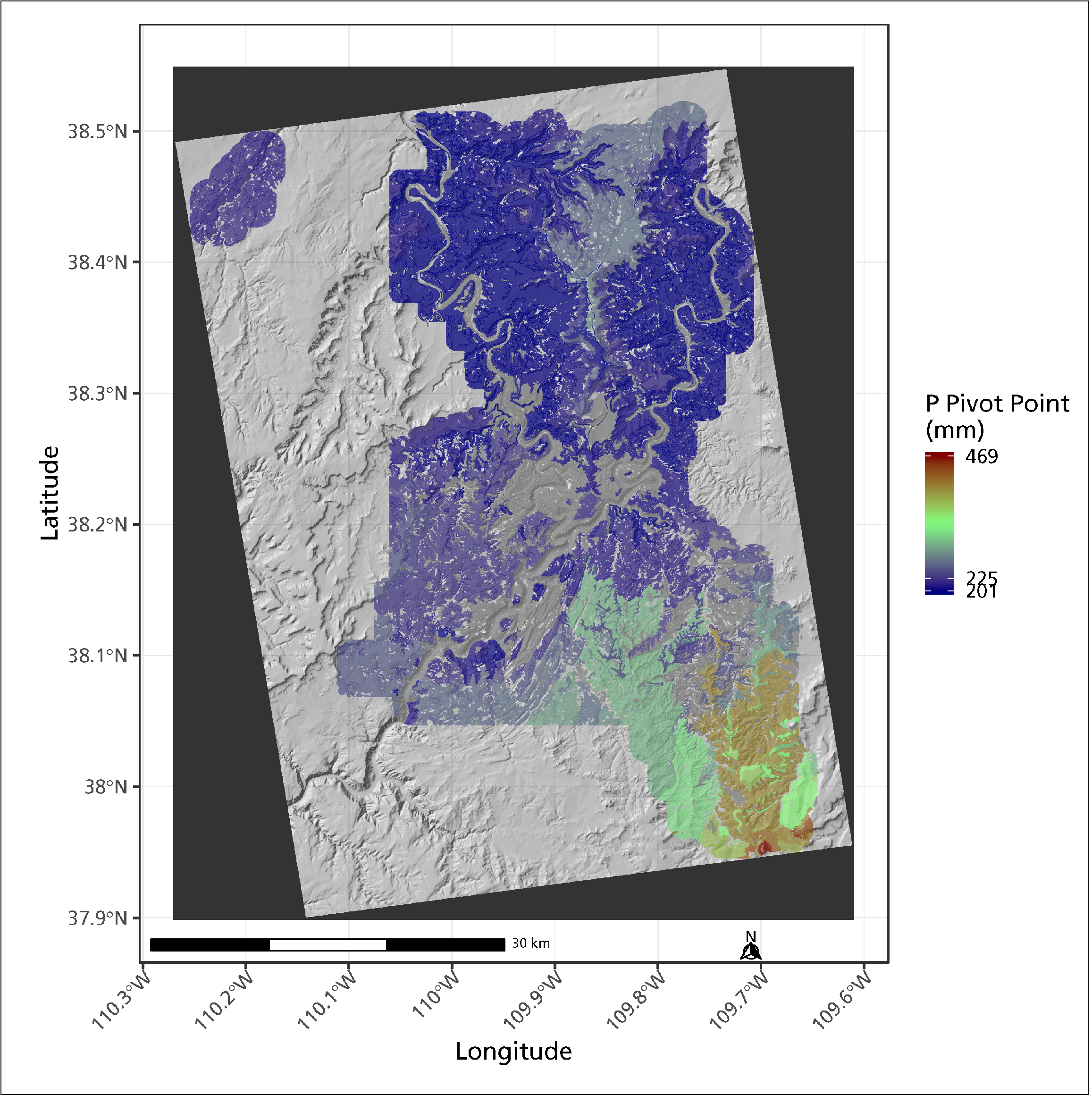 Map of Canyonlands NP, shaded with different colors indicating the precipitation pivot point, ranging from 201 to 469 mm. Map of Canyonlands NP, shaded with different colors indicating the precipitation pivot point, ranging from 201 to 469 mm.