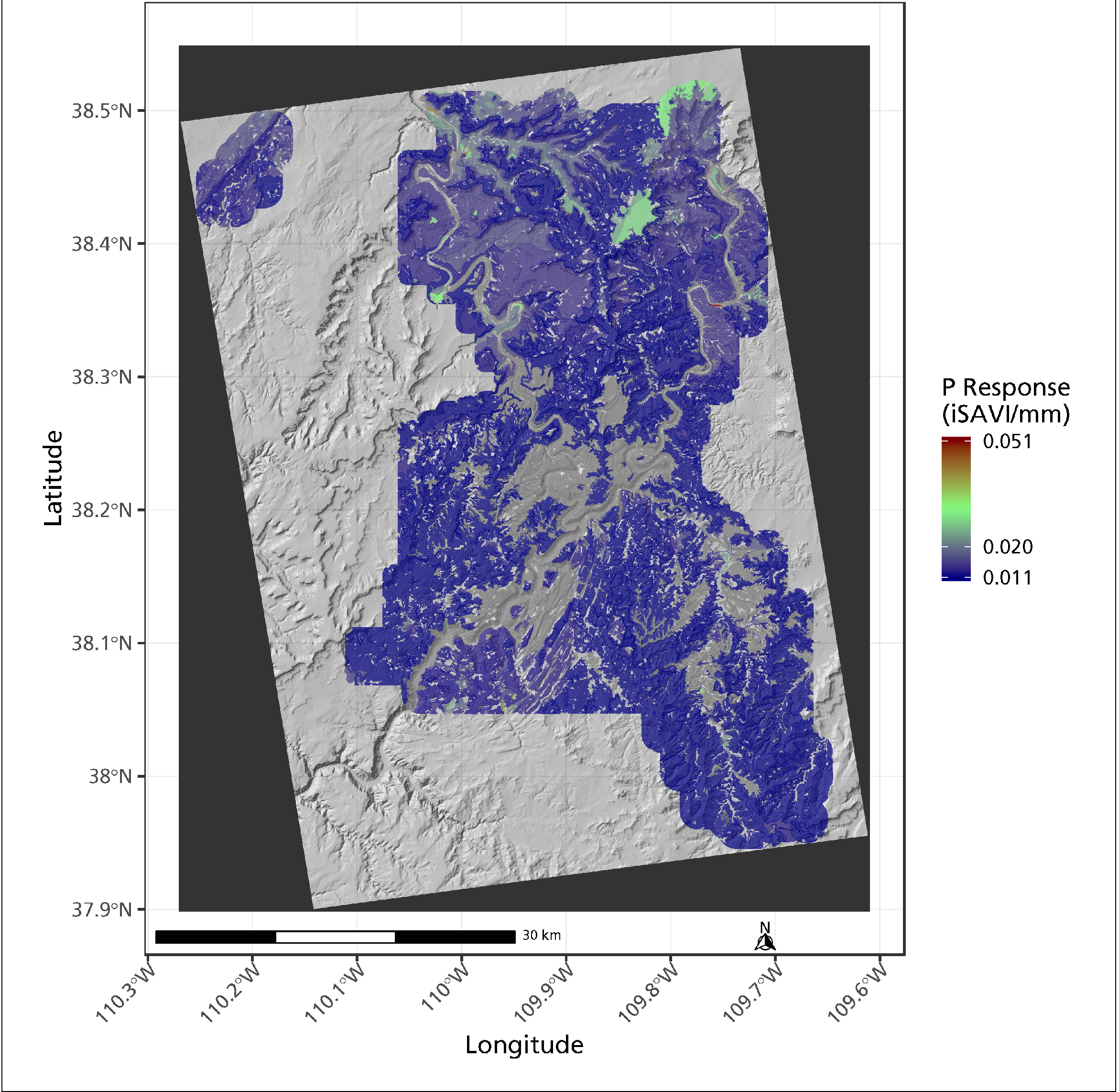 Map of Canyonlands NP, shaded with different colors indicating precipitation response (iSAVI/mm), ranging from 0.011 to 0.051. Map of Canyonlands NP, shaded with different colors indicating precipitation response (iSAVI/mm), ranging from 0.011 to 0.051.