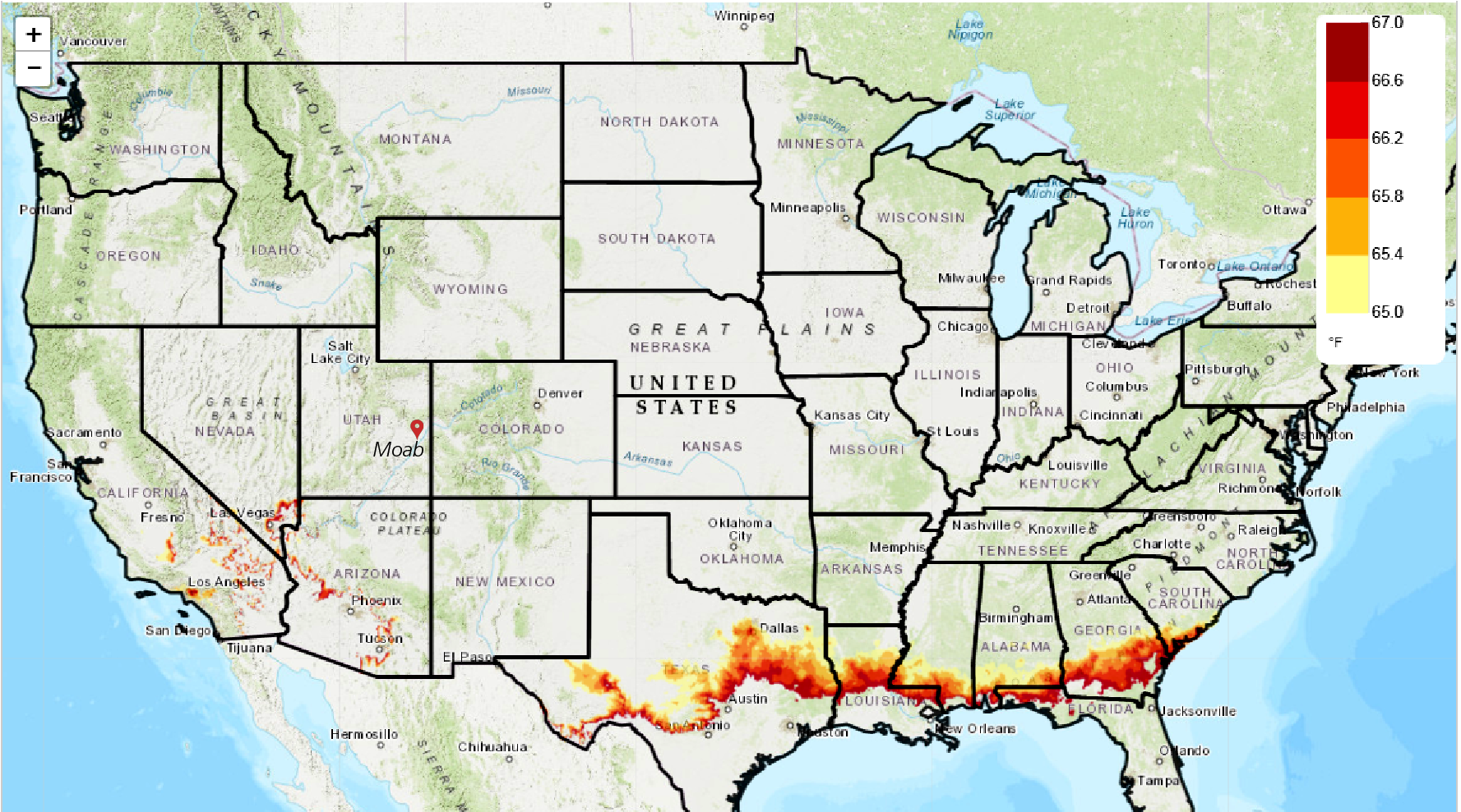 Map of U.S. A band of red crosses much of the Southeast at the latitude of coastal Alabama and Mississippi.