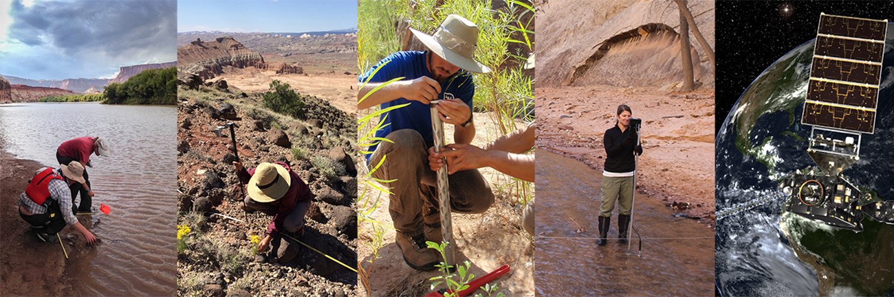 Five photos. One is of a satellite above Earth. The other four show scientists working on land and in water in red-rock landscapes.