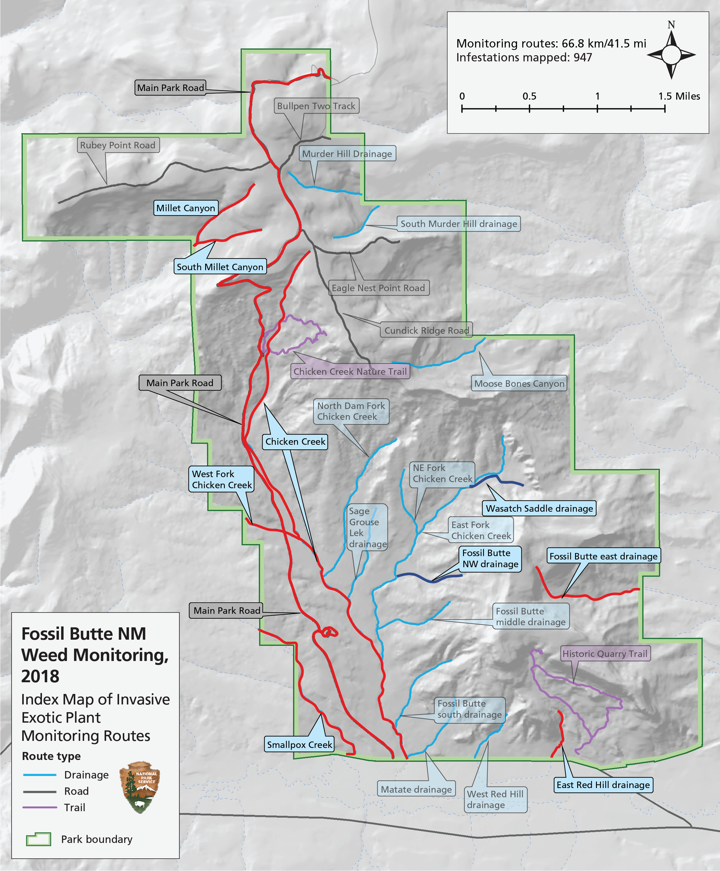 Map of park showing location of 27 different monitoring routes. Routes with the highest number of IEP patches per kilometer (see text) are highlighted in red. Weed-free routes (see text) are highlighted in blue.