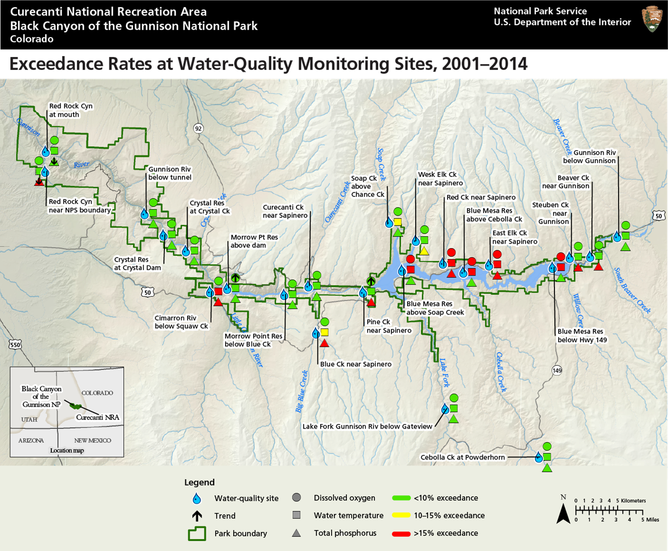 Map showing water quality monitoring sites and rates of exceedance for dissolved oxygen, water temperature, and total phosphorus.