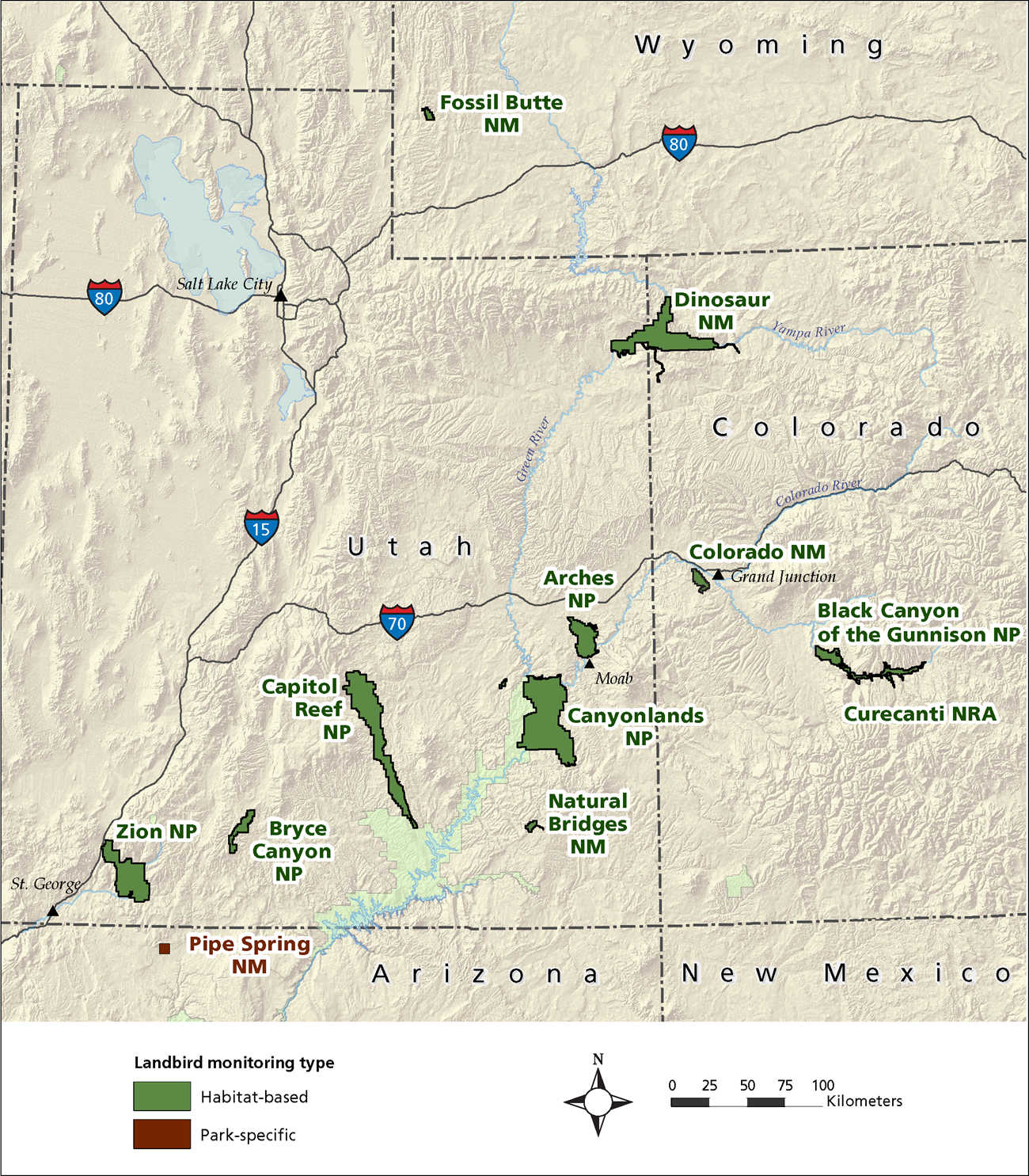 Map of NCPN parks where landbirds are monitored: Arches, Black Canyon of the Gunnison, Bryce Canyon, Canyonlands, Capitol Reef, and Zion national parks; Curecanti National Recreation Area, and Dinosaur, Fossil Butte, and Natural Bridges national monuments