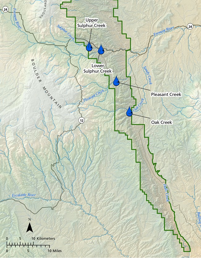 CARE_WQMap Map of Capitol Reef National Park showing four water-quality monitoring sites