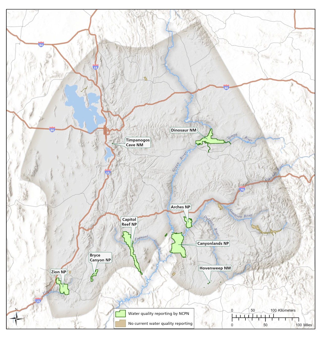 The Northern Colorado Plateau Network monitors water quality in Arches, Bryce, Zion, and Capitol Reef national parks, and Canyonlands, Hovenweep, Dinosaur, and Timpanogos Cave national monuments. Map of parks monitored for water quality in the Northern Colorado Plateau Network, October 2018 – September 2022.