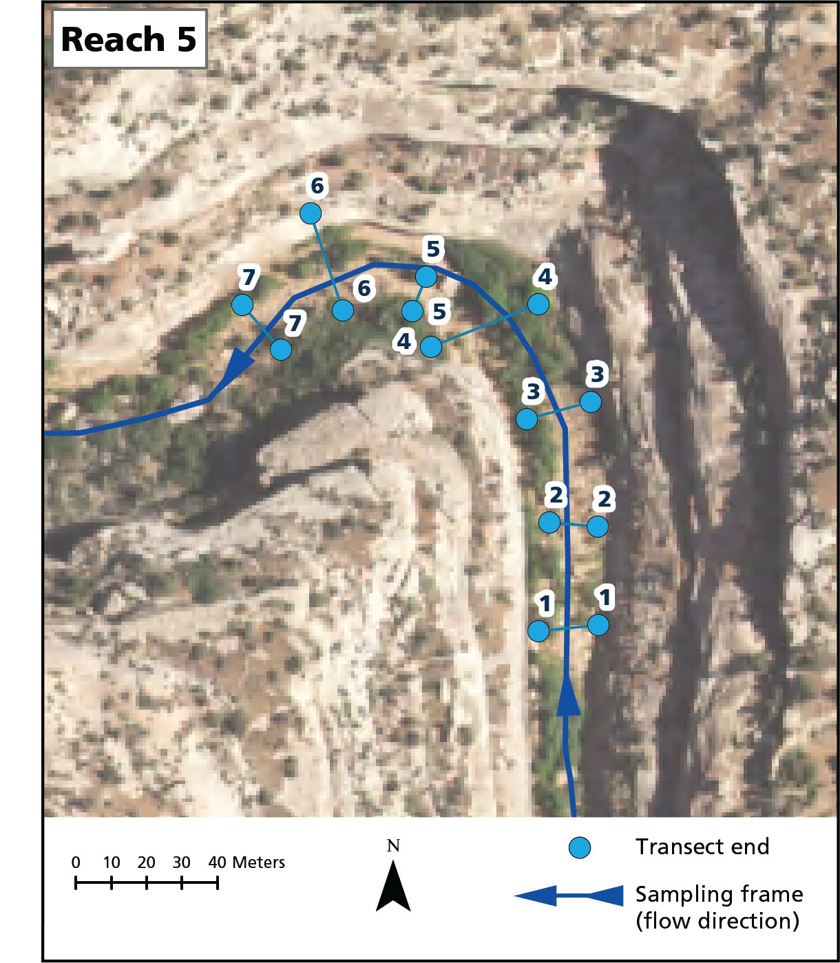 Aerial view of Reach 5 with 7 transects labeled.