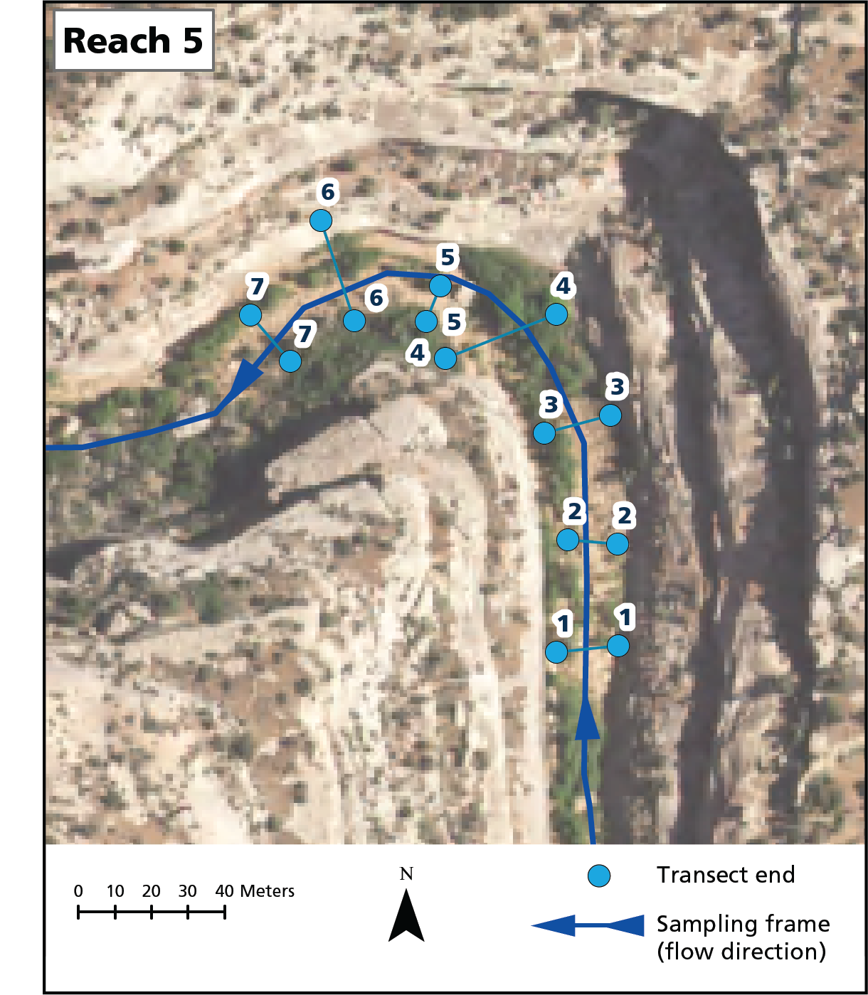 Map of Reach 5 Aerial view of Reach 5 with 7 transects labeled.