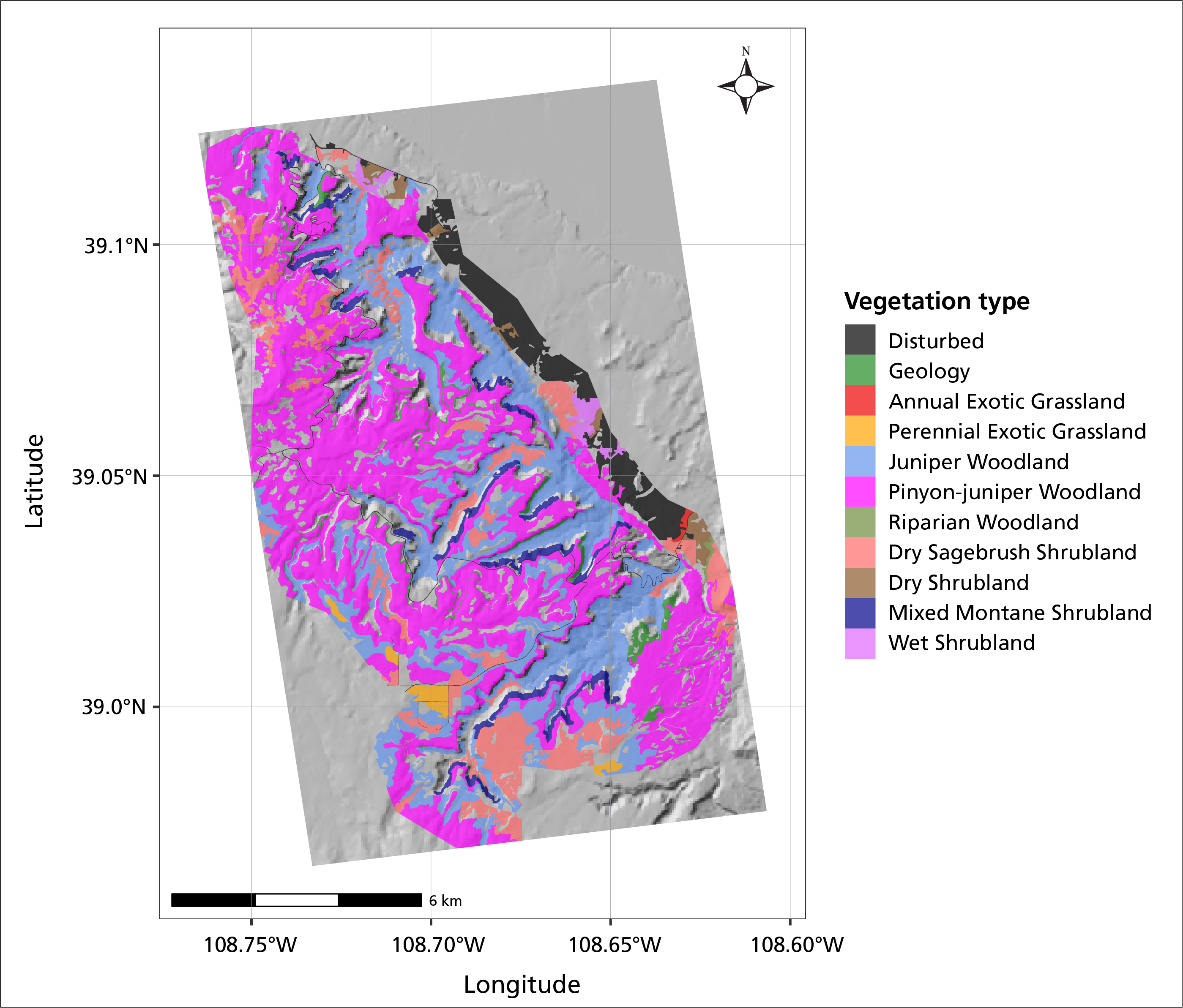 vegetation types Map of Colorado NM, shaded with different colors indicating location of vegetation types