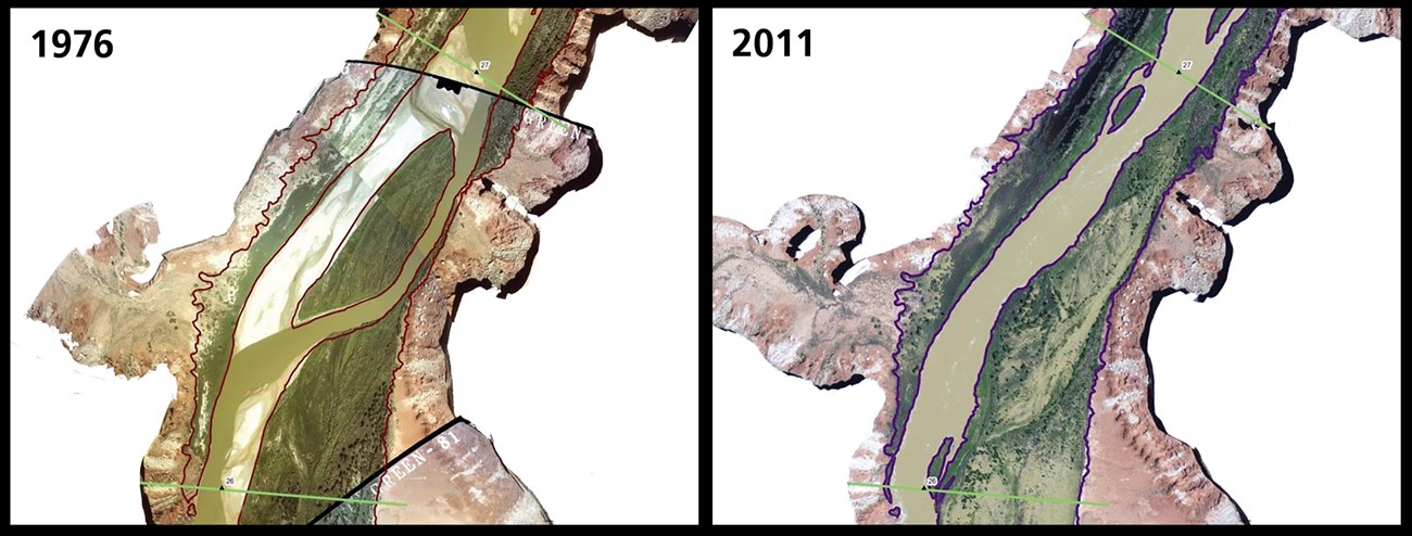 Satellite imagery showing disappearance of a side channel from 1976 to 2011