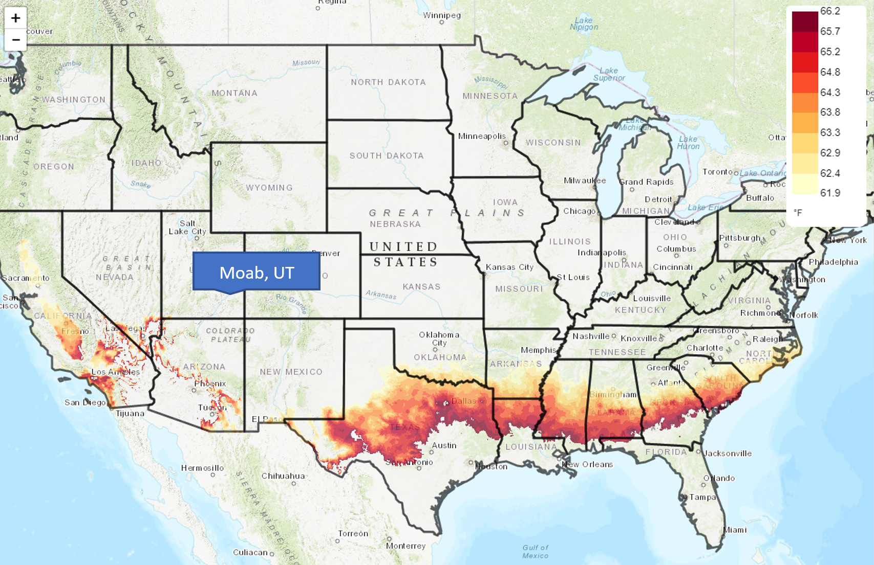 Map of the US with Moab, UT identified. A swath of color ranging from yellow to red stretches from Central Texas to the South Carolina coast, indicating average temperatures of 62 to 66 degrees F
