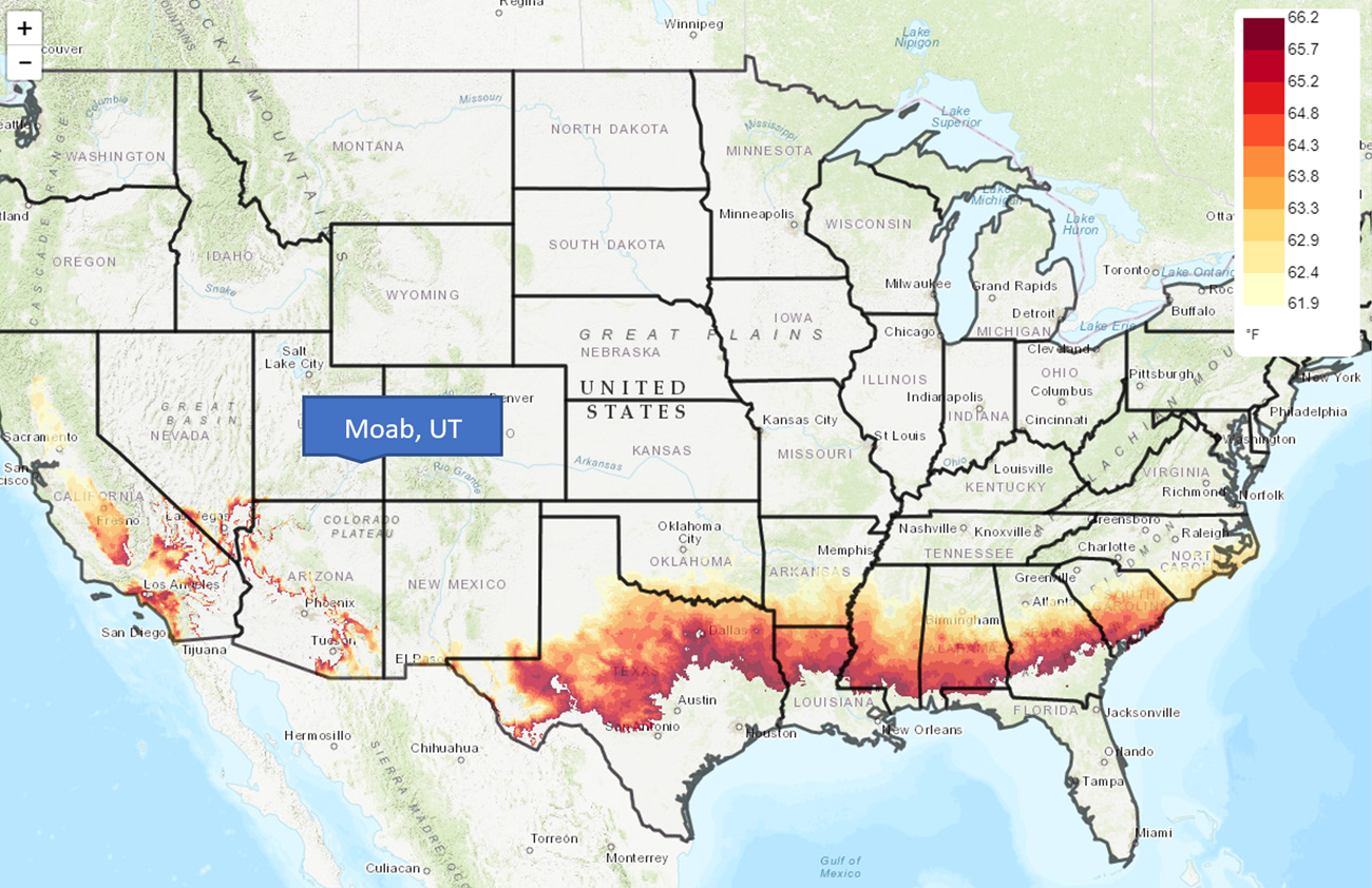 US map Map of the US with Moab, UT identified. A swath of color ranging from yellow to red stretches from Central Texas to the South Carolina coast, indicating average temperatures of 62 to 66 degrees F
