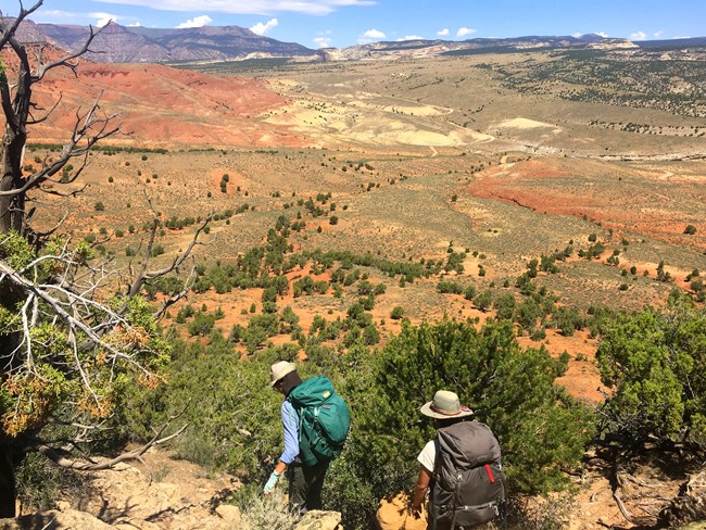 Two people hike above a vast landscape of red soil, shrubs, and trees