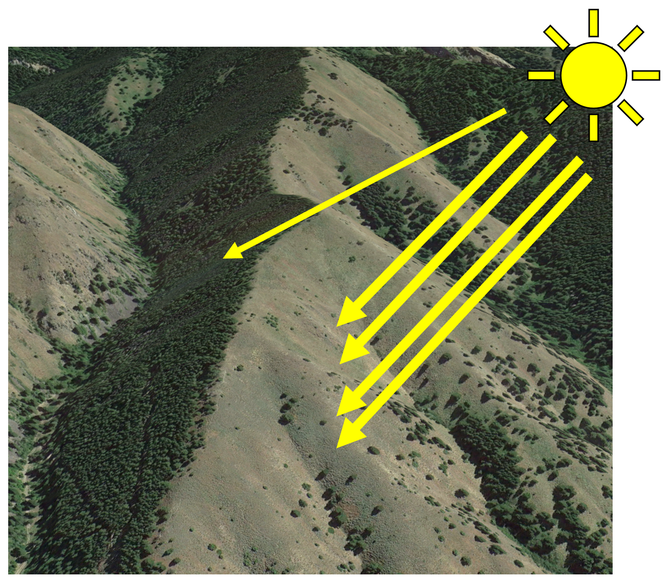 Aerial image of ridgeline with trees on one side and grass on the others. A drawing of a sun is superimposed, with multiple arrows pointing from the sun to the grass and one arrow pointing to the trees