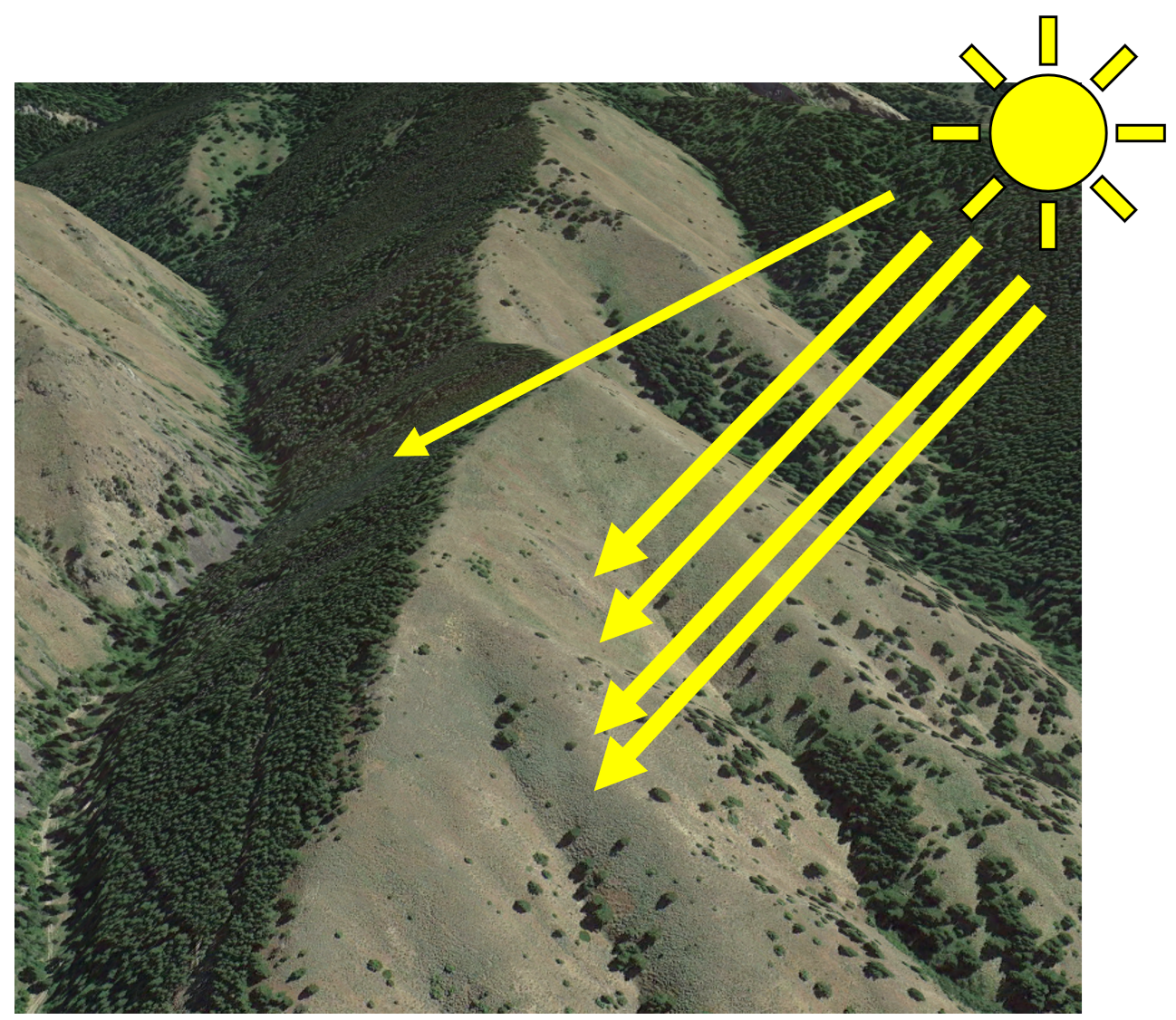 aspect Aerial image of ridgeline with trees on one side and grass on the others. A drawing of a sun is superimposed, with multiple arrows pointing from the sun to the grass and one arrow pointing to the trees