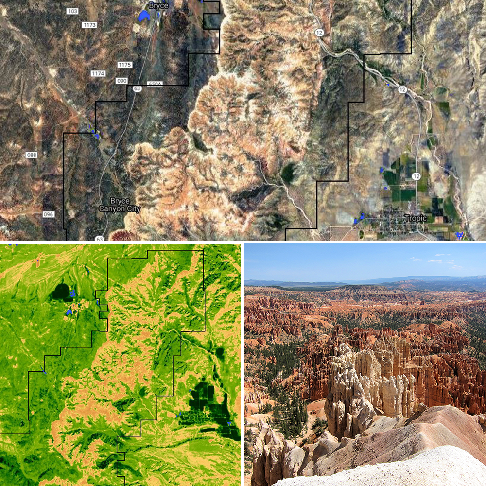 Satellite images and photo of Bryce Canyon