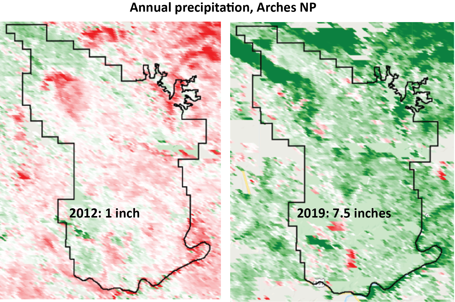 Satellite image with an outline of Arches NP, colored in different shades of red and green, labeled "Annual precipitation, Arches NP"