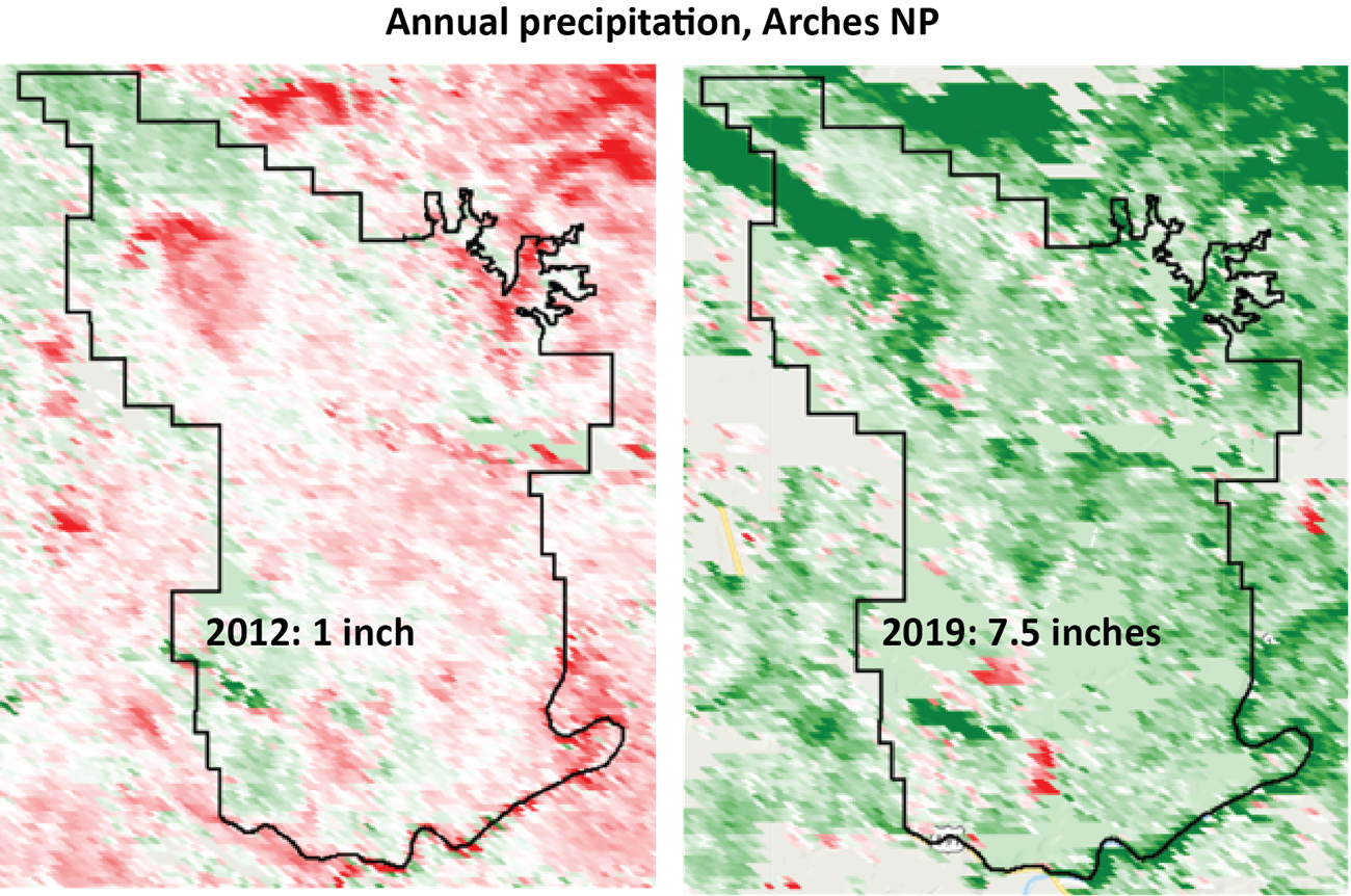 2012 and 2019 precip Satellite image with an outline of Arches NP, colored in different shades of red and green, labeled "Annual precipitation, Arches NP"