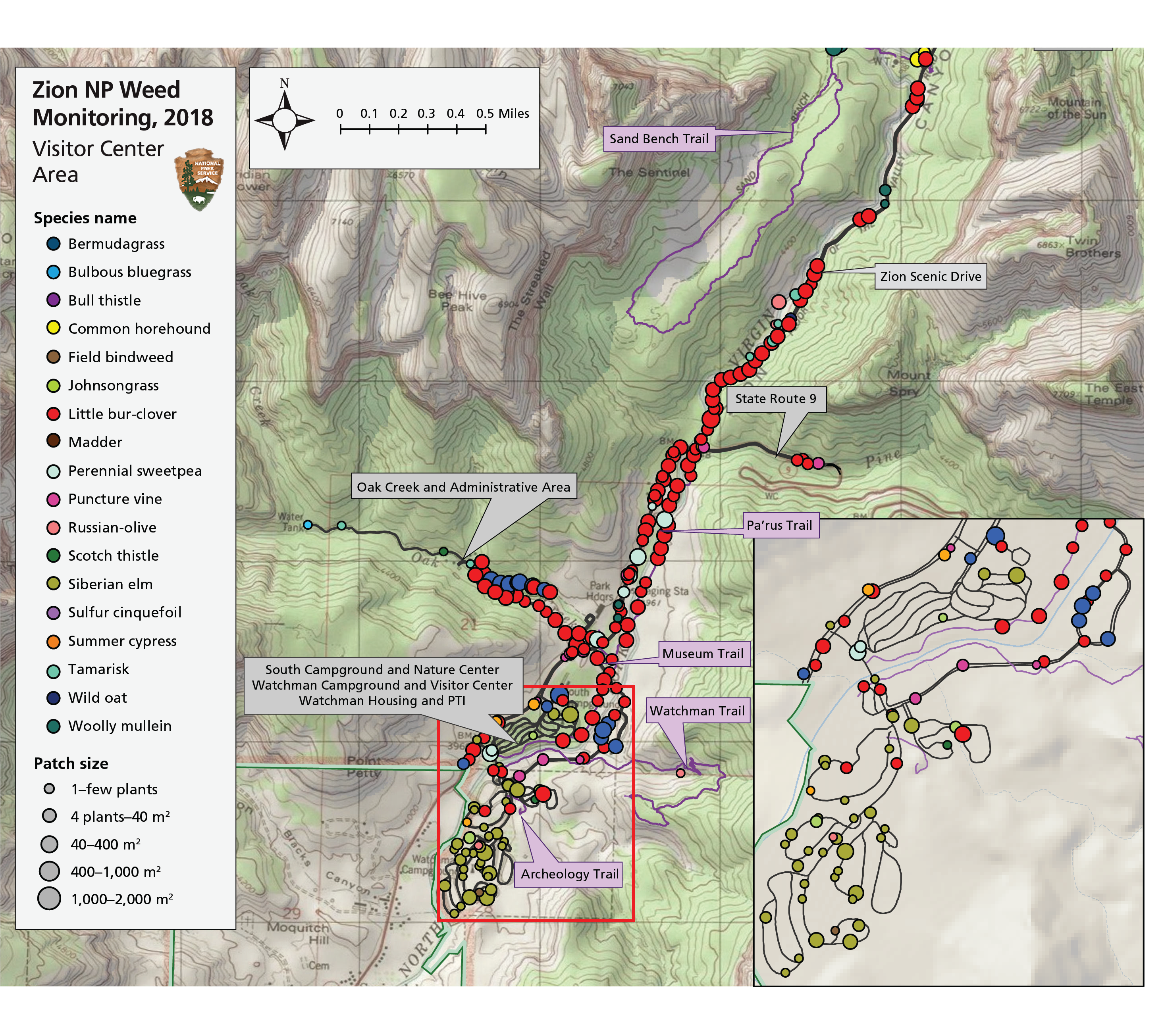 Map of Zion National Park showing location of several monitoring routes. Circles of different size and color indicate where different IEPs were mapped.