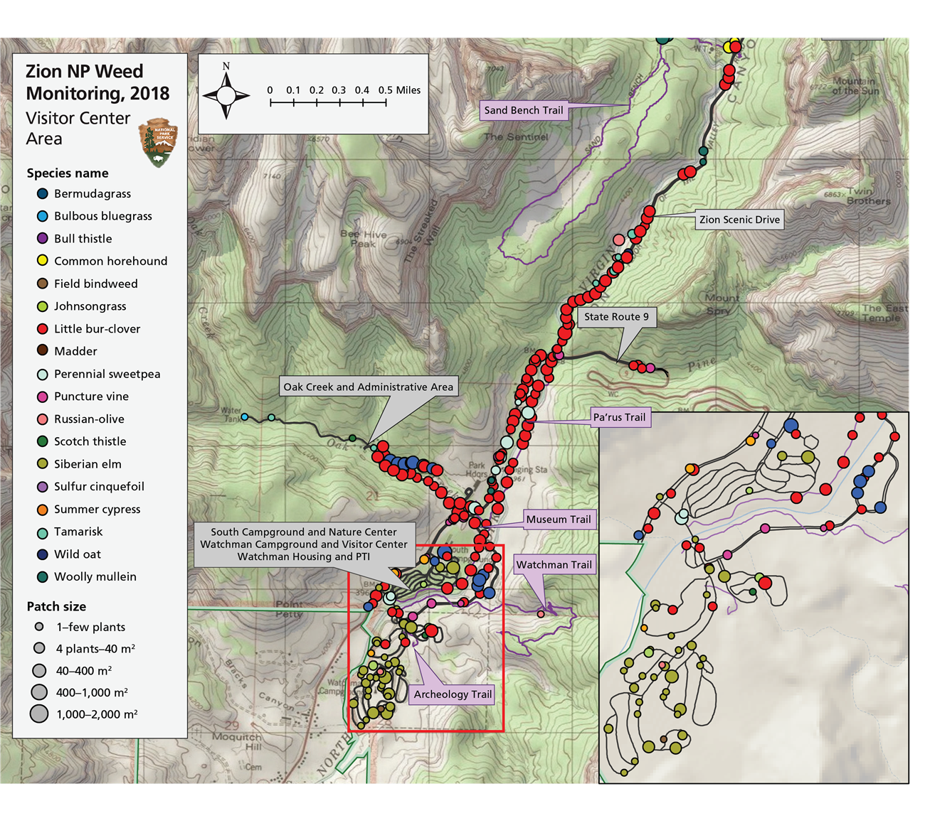 Map of Zion National Park showing location of several monitoring routes. Circles of different size and color indicate where different IEPs were mapped.