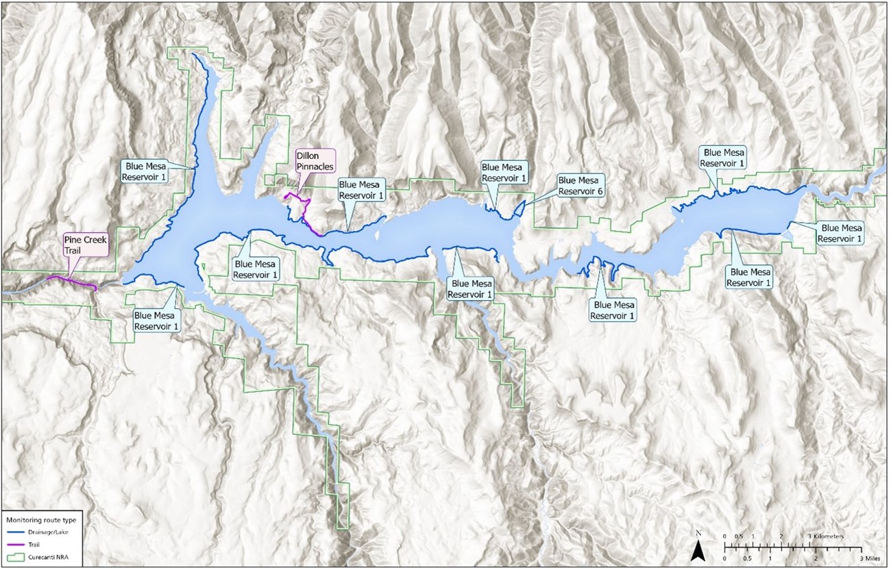 overview-map_IEP Figure 1. A map showing invasive exotic plant monitoring routes at Curecanti National Recreation Area, surveyed from June 21 to 27, 2023. The map highlights various routes including Blue Mesa Reservoir 1, Blue Mesa Reservoir 6, Pine Creek Trail, and Dillo