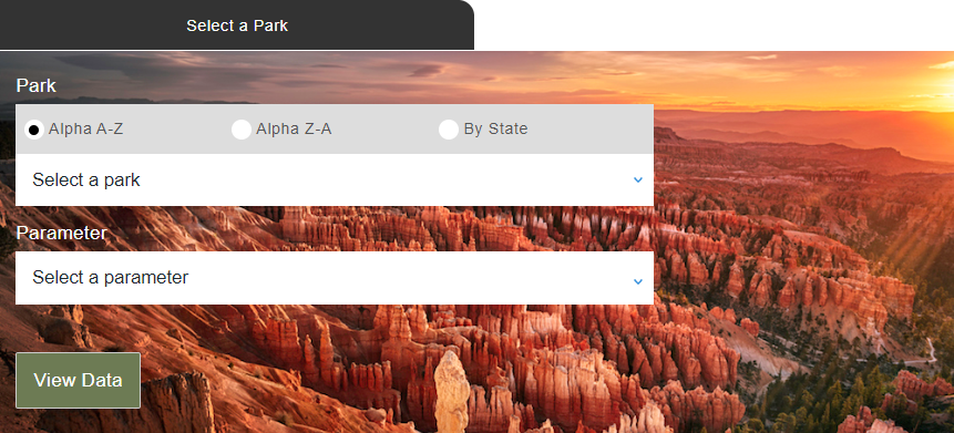 Dashboard of national parks and air quality parameters.