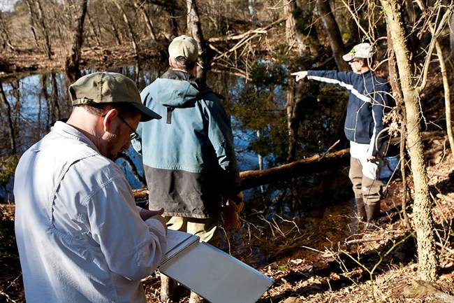 A trio of scientists stands near a forest pool. One takes notes while the others survey.