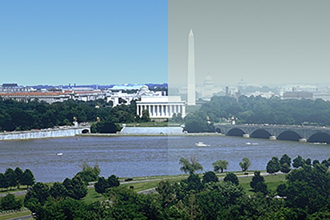 A view of the Washington Monument showing hazy air on the right and clear air on the left.