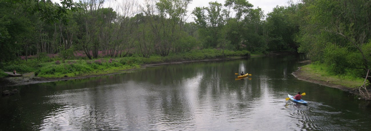Two paddlers make their way down the Concord River.