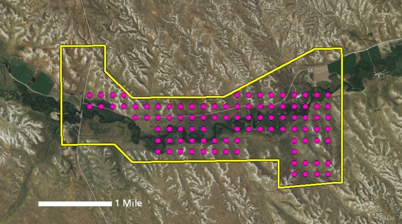 map showing the 96 bird survey points locations in Agate Fossil Beds
