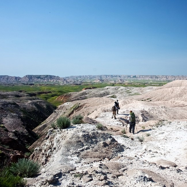 Biologists treking through the badlands Three biologists trek across barren land of the badlands