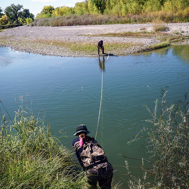 Two people stretching a measuring tape across a small section of river