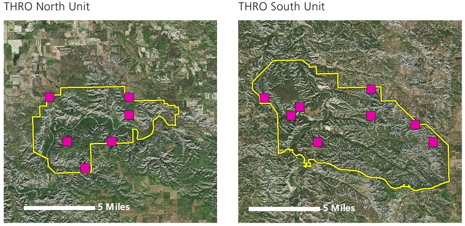 map of the units in Theodore Roosevelt, with park boundaries and monitoring locations map showing park boundaries and monitoring locations