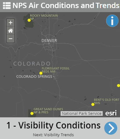 National Air Quality map showing visibility conditions. National Air Quality map showing visibility conditions.
