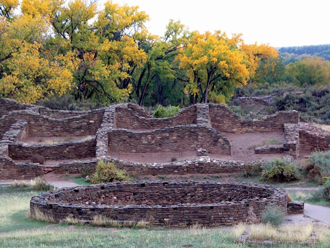 Ruins of a kiva and walls, with brightly colored fall foliage in the background