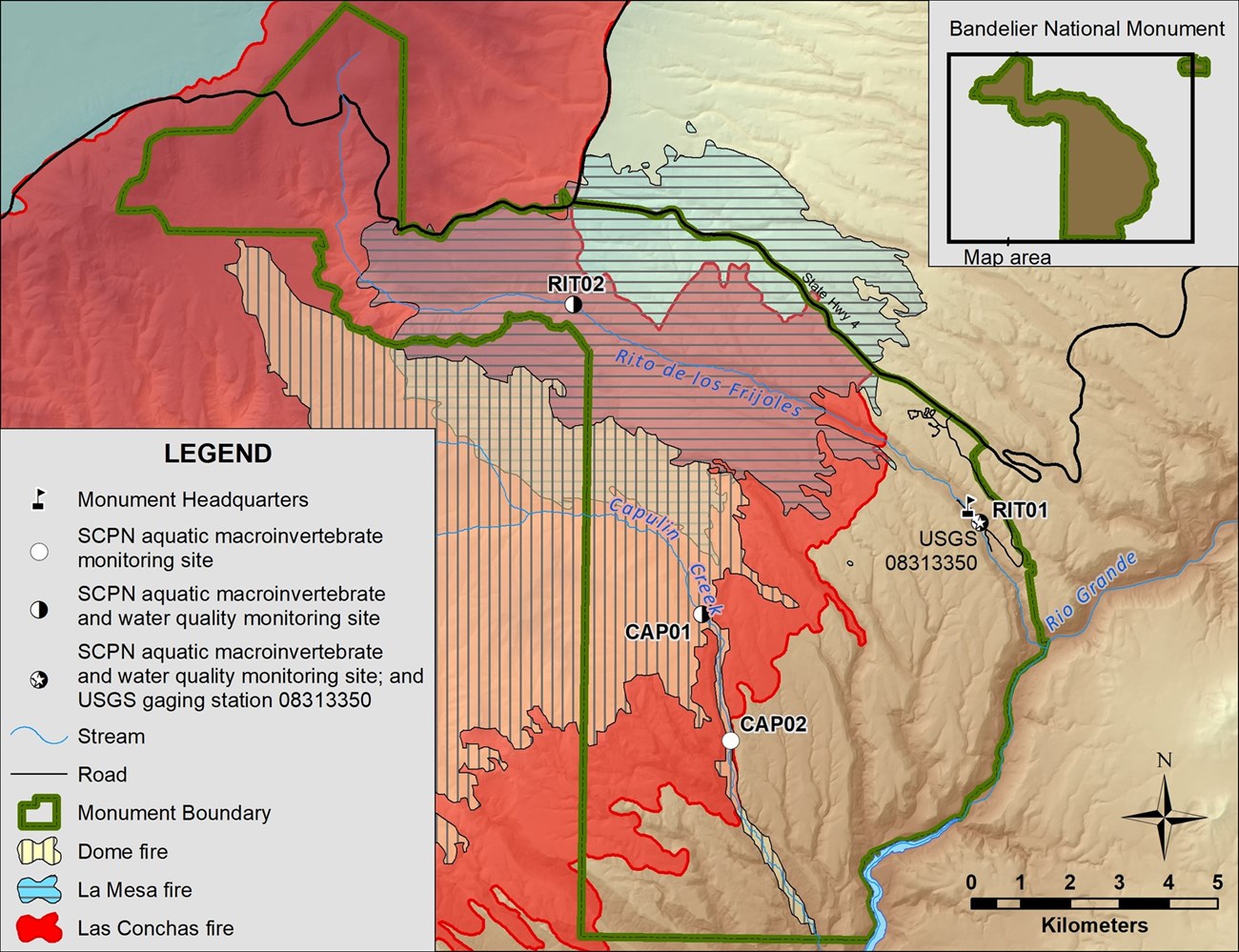 Fire history at Bandelier National Monument. A map showing the boundary of Bandelier National Monument, as well as the areas where wildfires have occurred.