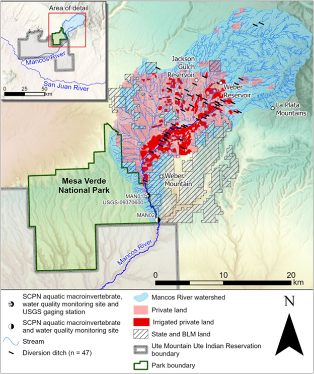 Map showing extent of the Mancos River Watershed, land management and property boundaries, and diversions for water extraction.