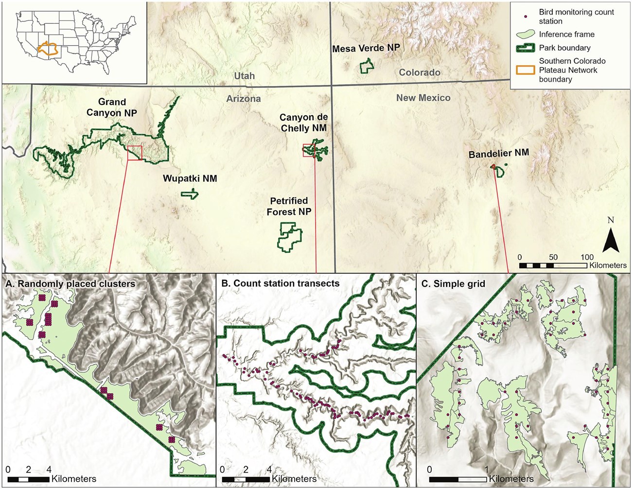 Map of the southern Colorado Plateau region showing the location of the six parks where the data was taken from.