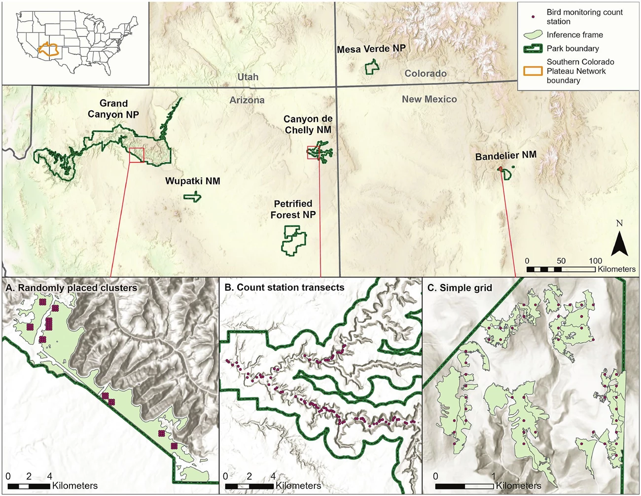 Figure 1 - Map of SCPN Study Area for Bird Legacy Data Map of the southern Colorado Plateau region showing the location of the six parks where the data was taken from.