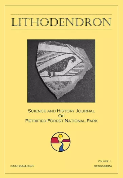 Lithodendron Journal Cover The cover of the science journal, that has a photograph of a piece of ancient white pottery, with black decorative line work. There is also a logo that is a blue river flowing through a red canyon with a yellow sun above.