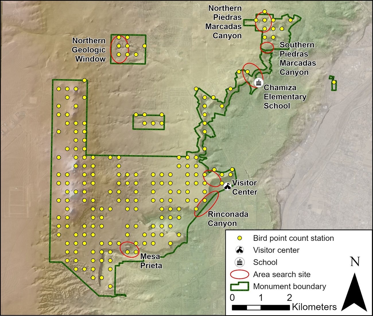 Map depicting point count stations and area search sites within the monument.
