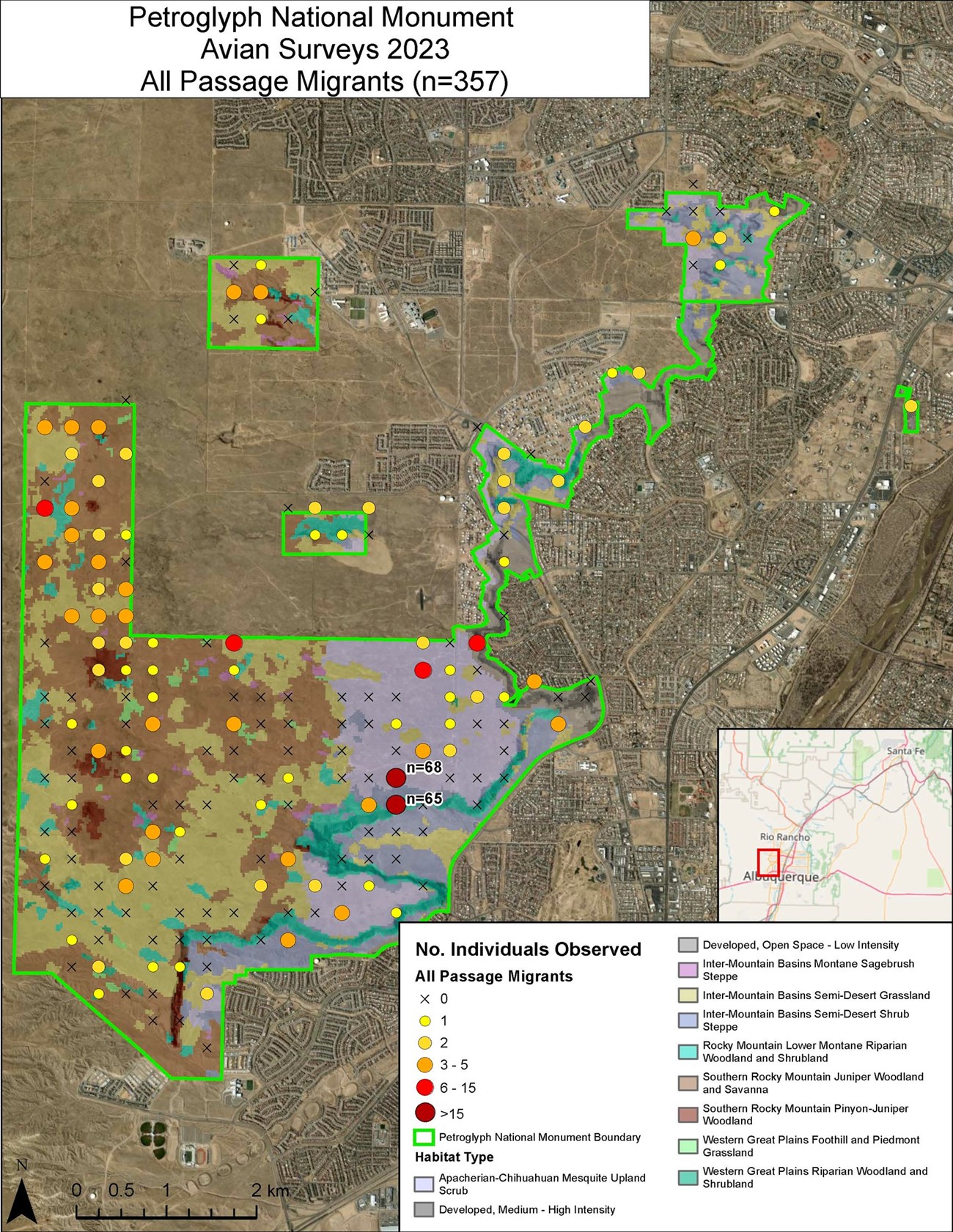 Map depicting where bird detections occurred and how many individuals were observed.