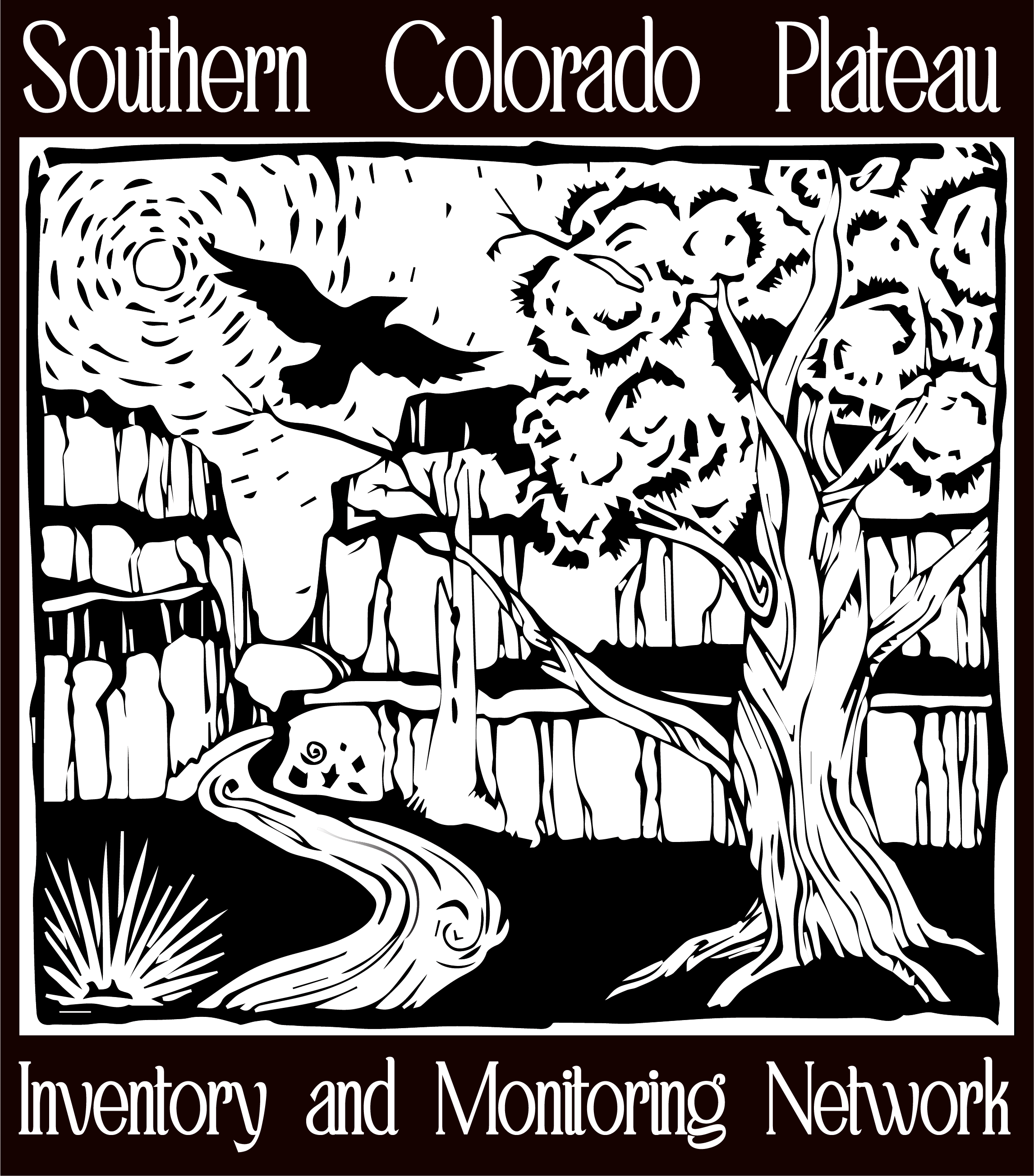 SCPNLogo_Vector Southern Colorado Plateau Network logo, black and white drawing of a raven flying over a river running through a canyon. A large juniper and small yucca is on the river bank and petroglyphs are carved into the canyon wall.