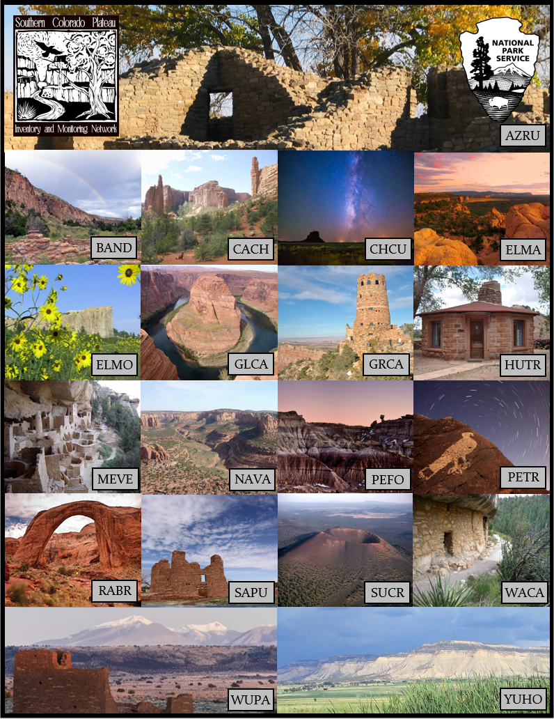 SCPN_SquareBanner_WithTextAndBorders A compliation of many images depicting each park and monument in the Southern Colorado Plateau Network