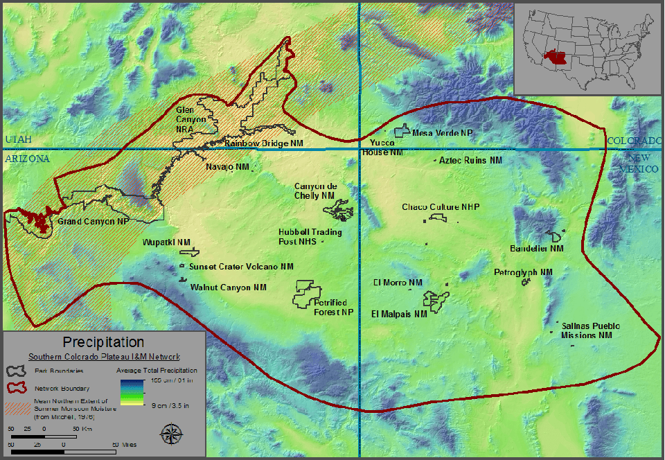 Map of four corners region with outline of Southern Colorado Plateau Network with network parks indicated.average precipitation is indicated from a low (yellow) to a high(blue)
