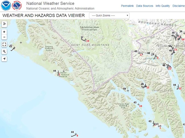 A map showing weather station locations.