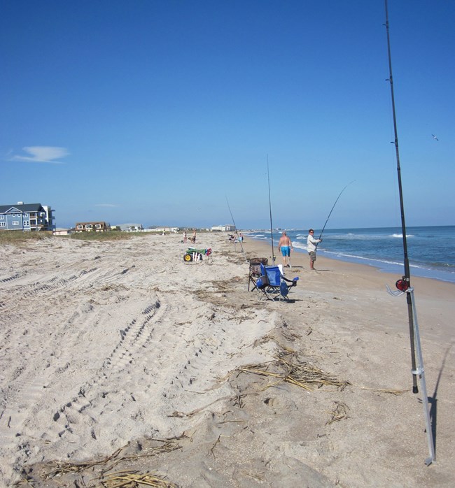 High tide brings out the fishermen at Timucuan Ecological and Historic Preserve. Fishing rods mounted in the sand along with fishermen on the beach.