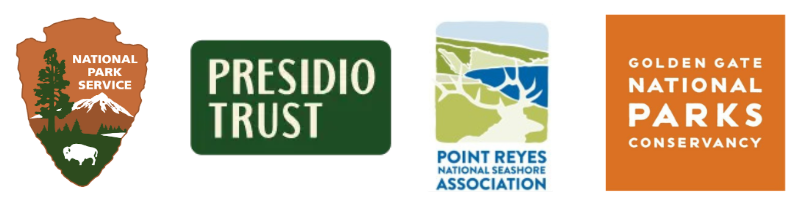National Park Service, Presidio Trust, Point Reyes National Seashore Association, and Golden Gate National Parks Conservancy logos.