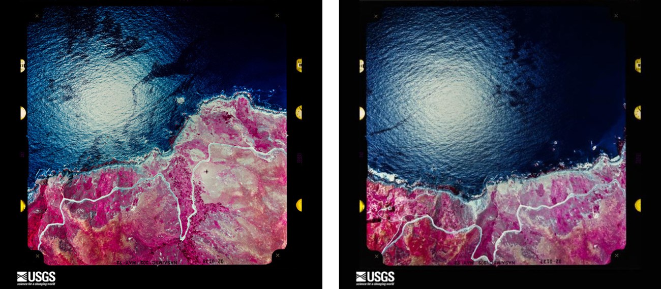 Two stills showing infrared aerial views of a landscape. The land is dark pink and red; a squiggly white road runs through the landscape. The ocean is at the top half of both images. "USGS" and the USGS logo are shown at the bottom left of both images.
