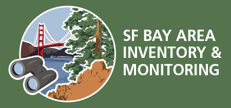 SFAN logo Logo text reads "SF Bay Area Inventory & Monitoring." Circular illustration of a scene combining distinctive rock formations, a redwood tree, and the Golden Gate Bridge over the SF Bay, each outlined in white. Illustrated binoculars overlap the circle.